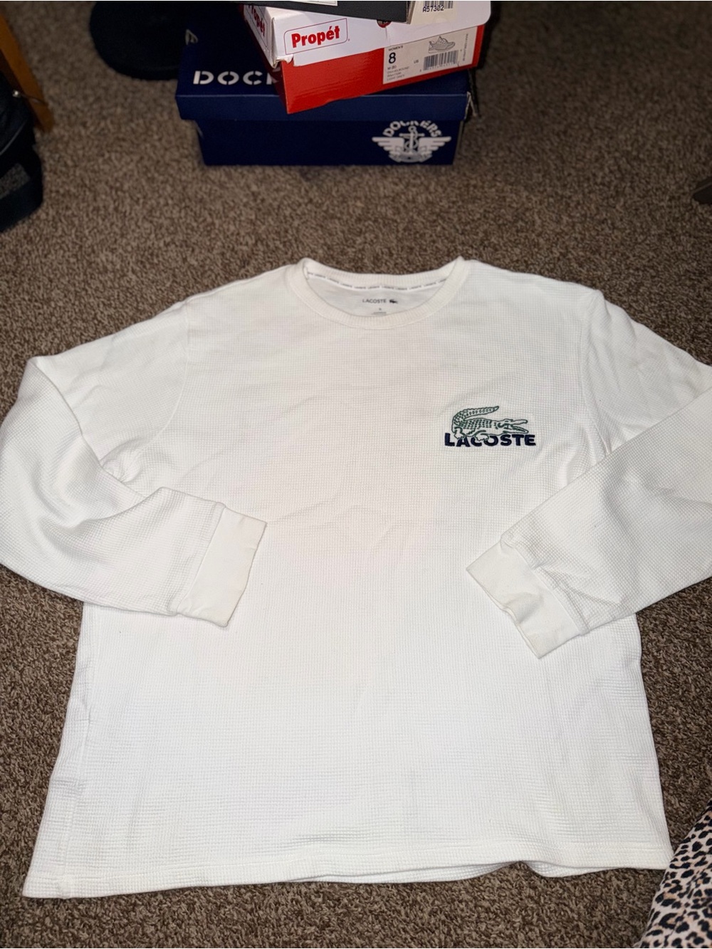 Lacoste White Long-Sleeve Waffle Knit Pullover with Green Croc Logo